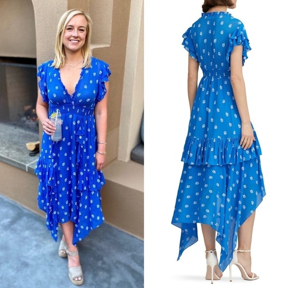 SHOSHANNA‎ Cobalt Floral Embroidered Asymmetric Hem Ruffle Tier Maxi Dress 14 - Picture 3 of 14